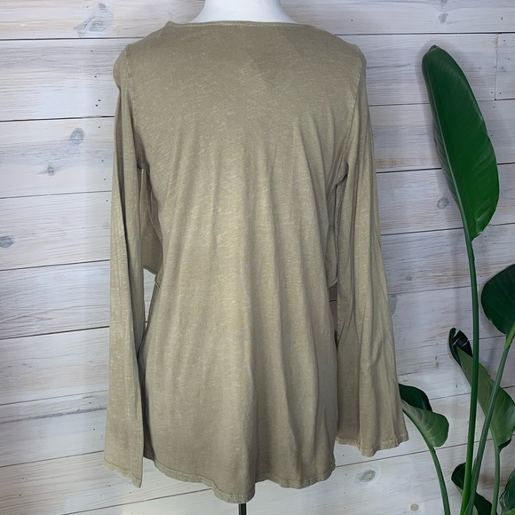 SOLD! Tan Acid Washed Top with Wide Long Sleeves and Ruffle Detailing - Picture 4 of 10